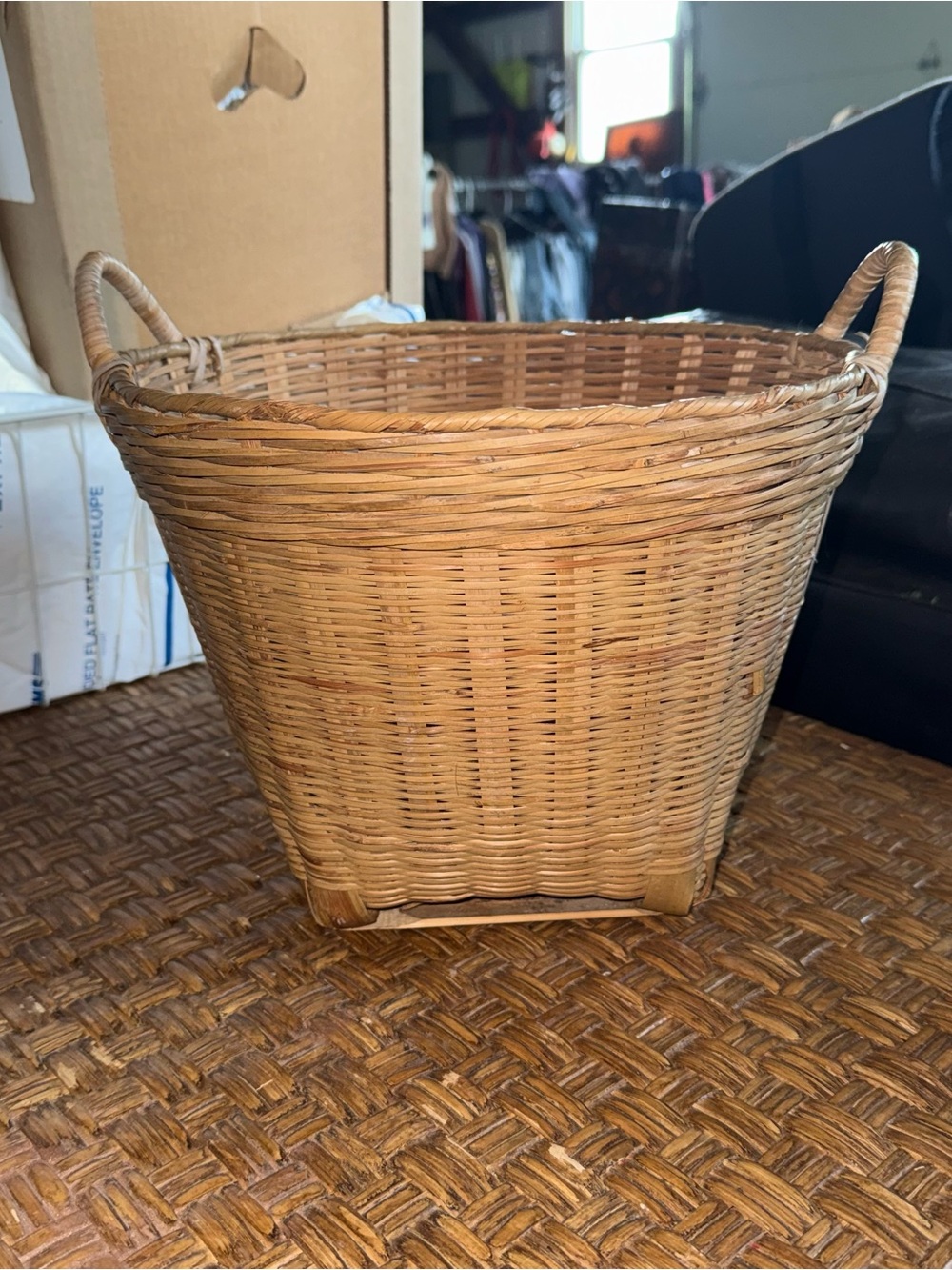 vintage wicker / bamboo woven basket with handles, tapered body